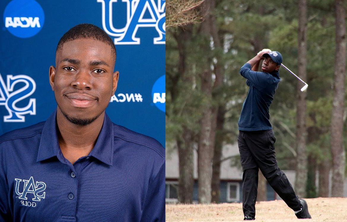 Golf student in mid swing and head shot